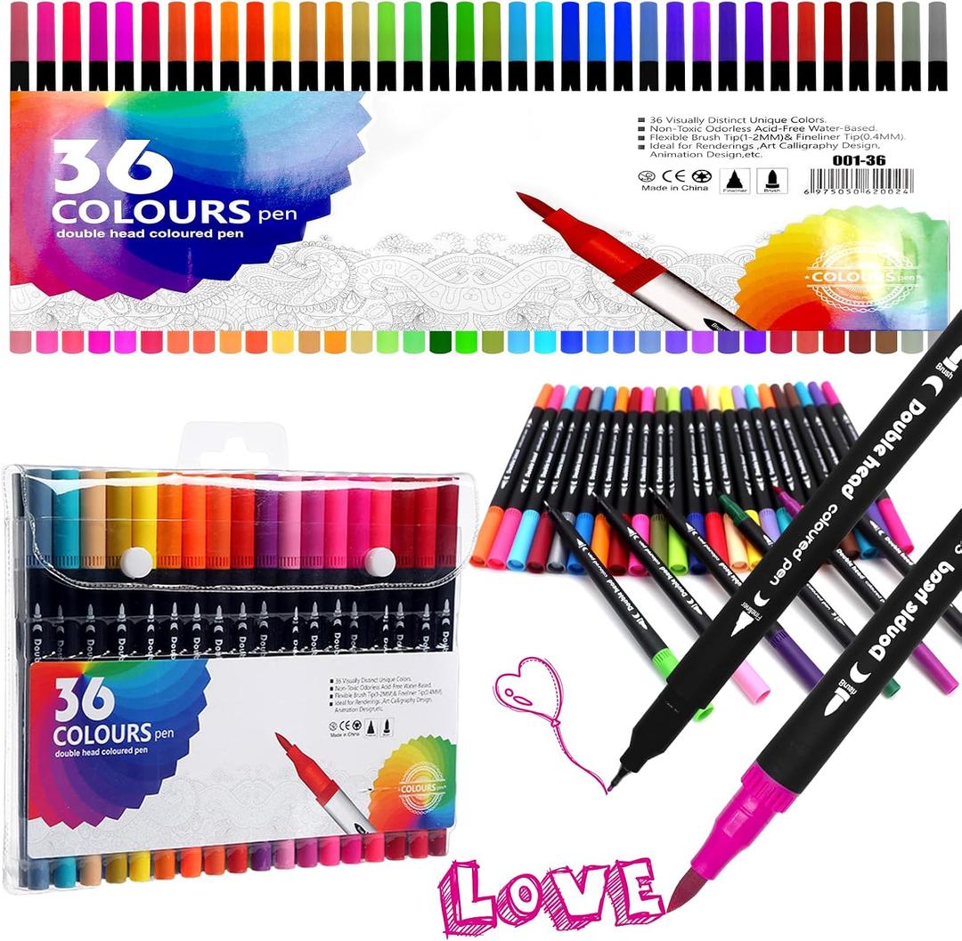 Dual Markers Brush Pens, 36 Fine Point Art Marker, Double Tip Colored Pen for Adult Coloring Hand Lettering, School Classroom Art Suppliers