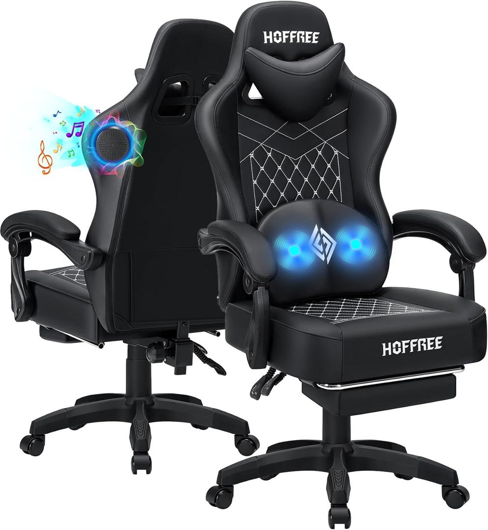 HOFFREE Gaming Chair Computer Chair with Speakers Massage Game Chairs with Footrest Bluetooth High Back Ergonomic Computer Gaming Chairs for Adults Reclining Video Gamer Chair Black