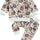 Newborn Baby Girl Boy Clothes Football Long Sleeve Crewneck Pullover Sweatshirt Long Pants Fall Winter Outfit (Beige)