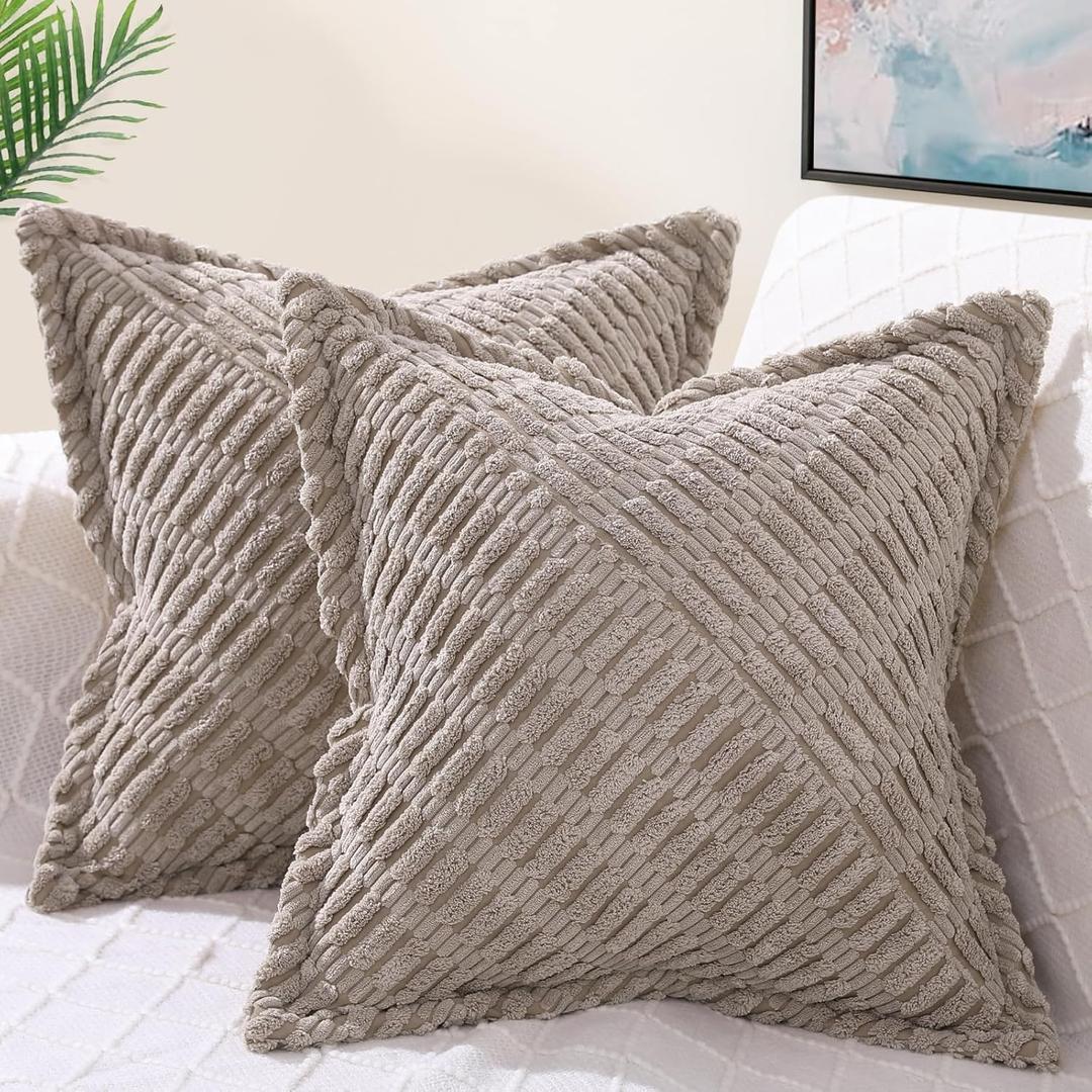 decorUhome Decorative Khaki Throw Pillow Covers 22x22 Set of 2 with Splicing, Boho Soft Neutral Corduroy Broadside Twill Pillow Covers for Couch Bed Sofa Living Room