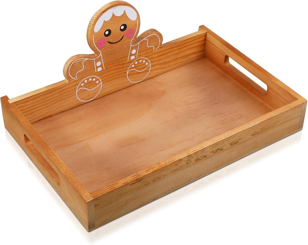 Sliner Christmas Wood Serving Tray with Handles 13.31 x 9.25 Gingerbread Man Christmas Cookie Platter Xmas Decorative Wooden Plate Food Display Dishes for Kitchen Coffee Table