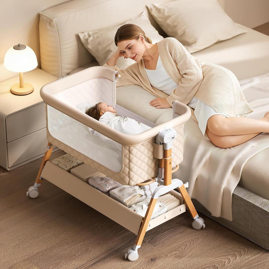 3 in 1 Baby Bassinet Bedside Sleeper,Bedside/Rocking Bassinet for Baby with Waterproof Comfy Mattress and Lockable Wheels,7 Adjustable Height, Easy Folding Portable Crib for Newborn-Khaki