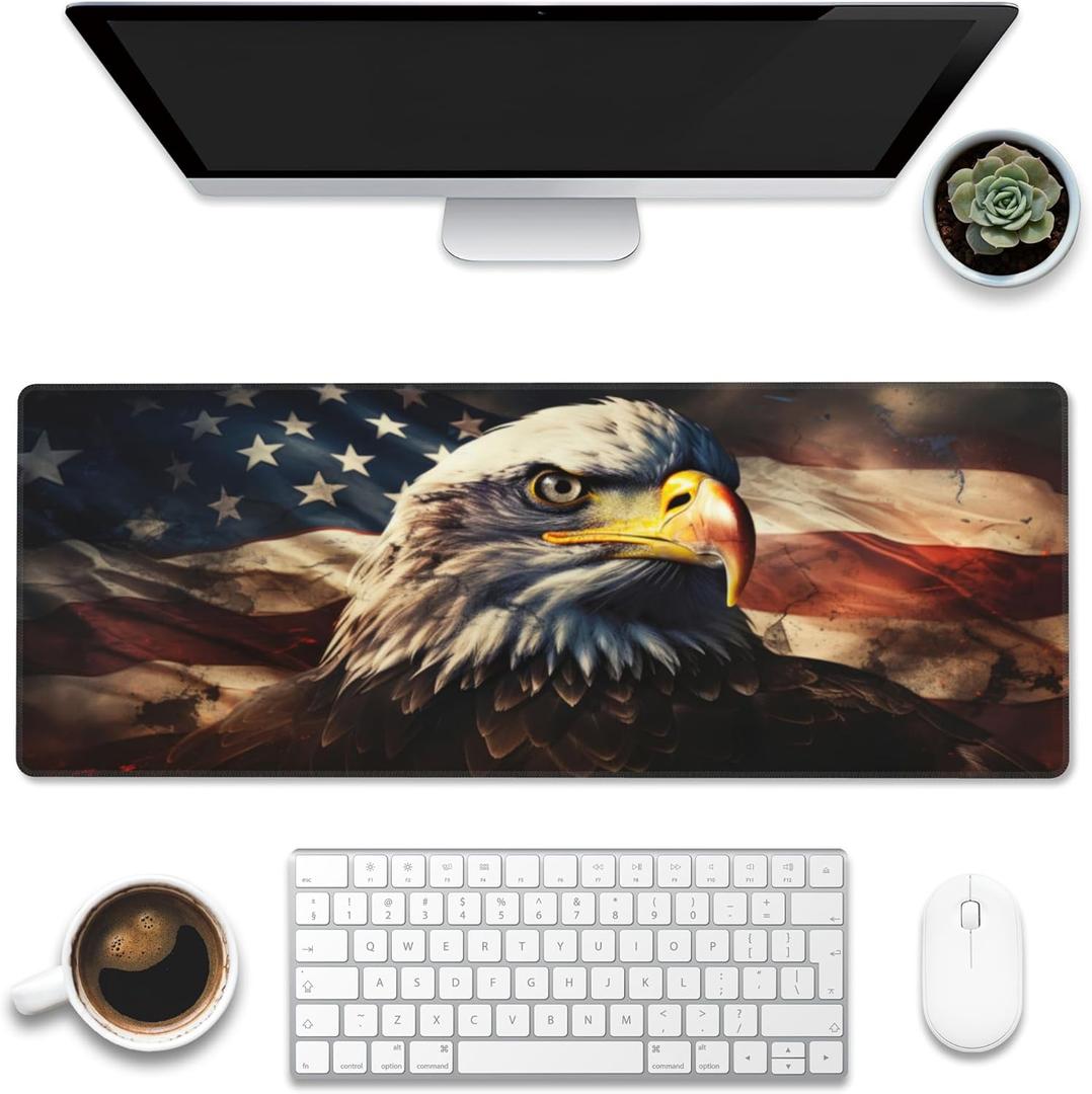 Desk Mat,American Bald Eagle Large Gaming Mouse Pad XL,USA Flag Eagle Desk Pad,Extended Big Computer Keyboard Mousepad with Non-Slip Base and Stitched Edge 31.5"x11.8"