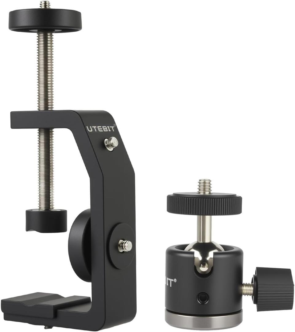 UTEBIT Super Clamp Mount with Mini Ball Head Mount, 1/4 Screw Hot Shoe Mount Adapter Camera Clamp Mount for Desk, Bicycle Gopro Clamp Mount Compatible for DJI Action 2/Insta360, Black (90mm)