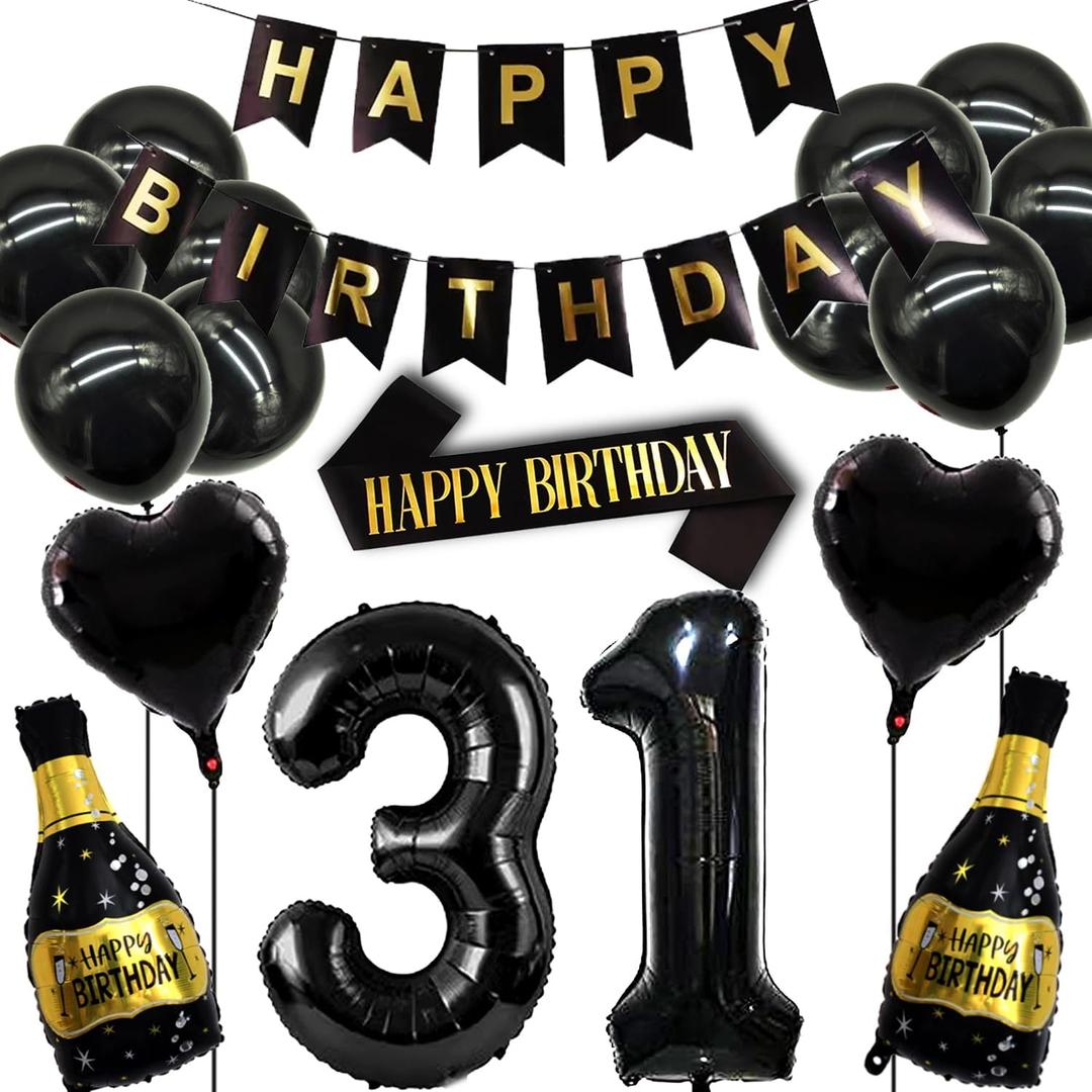 31st Birthday Decoration Set - Black Gold Balloons, Banner, Shoulder Strap & Wine Bottle Balloon