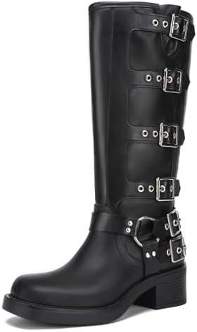 Athlefit Women's Knee High Riding Boots Fashion Buckle Square Toe Chunky Heel Wide Calf Biker Boots, Size 7