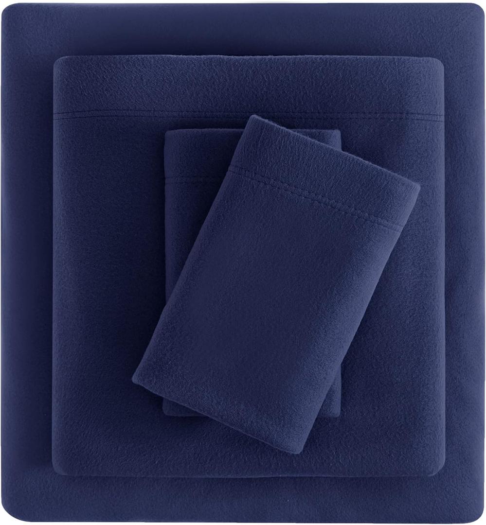 Viviland Plush Micro Fleece King Bed Sheet Set - Soft Polar Fleece Velvet Sheets - Extra Warm Winter Flannel Bed Sheets with Deep Pocket - Navy - King
