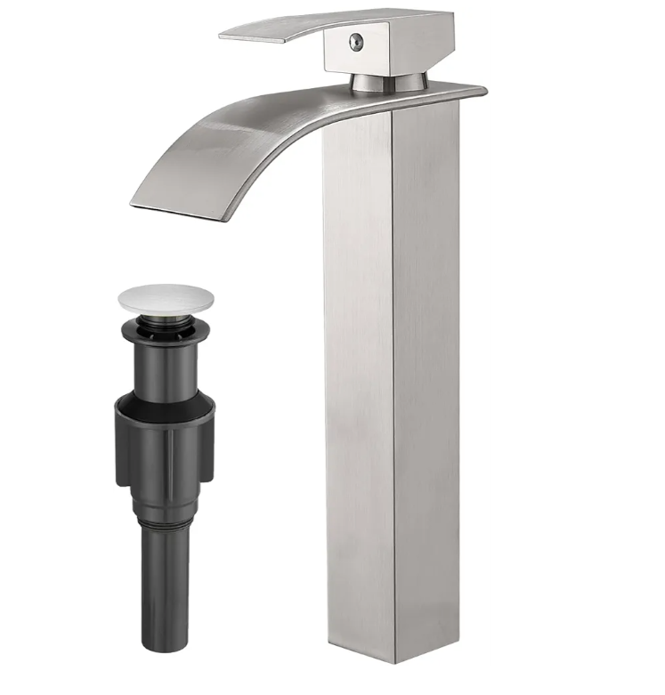 RUMOSE Tall Brushed Nickel Bathroom Faucet with Pop Up Drain Modern Single Handle One Hole Bathroom Vessel Sink Faucet Waterfall Spout Rv Lavatory Vanity Faucet Deck Mount Mixer Tap, Stainless Steel