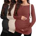 3 Pack Maternity Sweaters Long Sleeve Ribbed Maternity Shirts Lightweight Stretch Pregnancy Tops Winter Layering (Small, Dark Pumpkin, Apricot, Black)