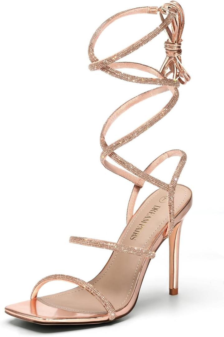 DREAM PAIRS High Heels Stilettos for Women - Strappy Gladiator Sexy Square Toe Open Toe Dressy Pumps Sandals (7.5, Rose/Gold)