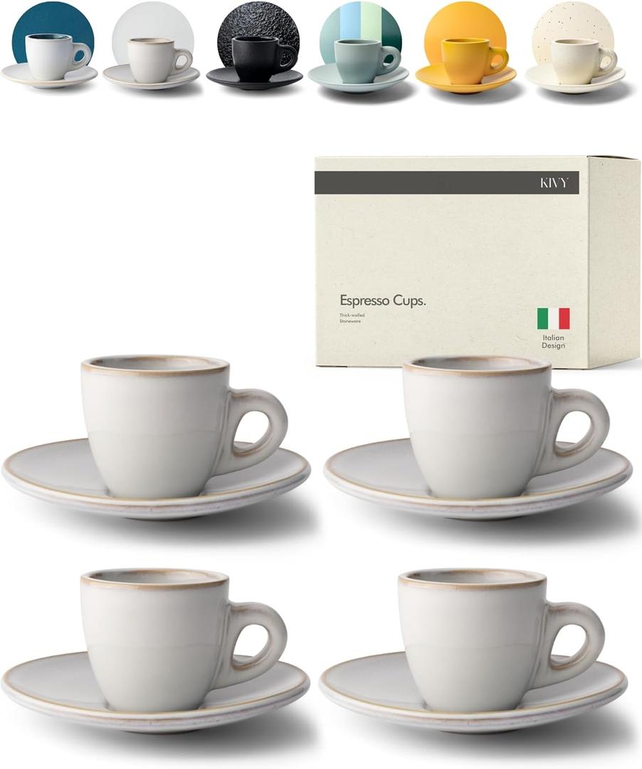 KIVY 3 oz Espresso cups set of 4 - Thick walled stoneware espresso cup set - Italian style espresso cups and saucers - Demitasse cups set of 4 - Small coffee mugs - Demitasse cups and saucers sets (Stonegrey)