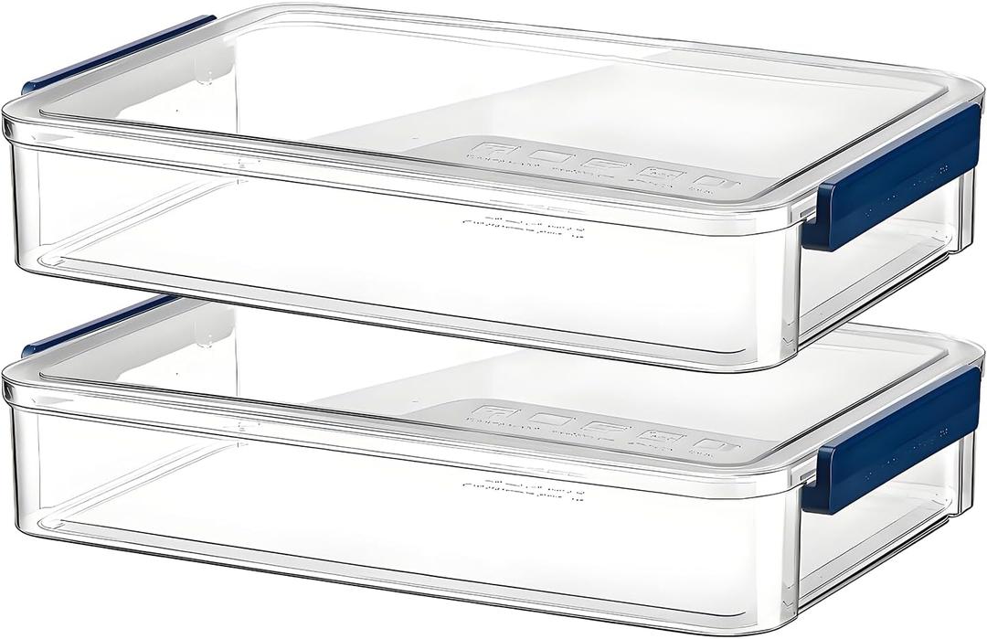 2 Pcs 5.5qt 9 x 13 Plastic Portable Project Case With Snap-Tight Latch, Clear Stackable Storage Boxes Organizer for A4 Files, Photos, Scrapbooks, Art Supplies (Blue Latch, Large)