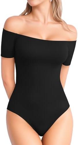 MANGOPOP Women's Off The Shoulder Long Sleeve Short Sleeve Bodysuit Sexy Backless Body Suit Tops (XXL, 02 Short Sleeve Black)