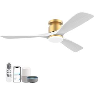 52 Inch Smart Low Profile Ceiling Fans,Solid Wood Outdoor Indoor Ceiling Fan with Lights Remote,WIFI Alexa App Control,Quiet DC Motor,Dimmable LED,Modern Flush Mount Fan for Bedroom Patio,Gold White