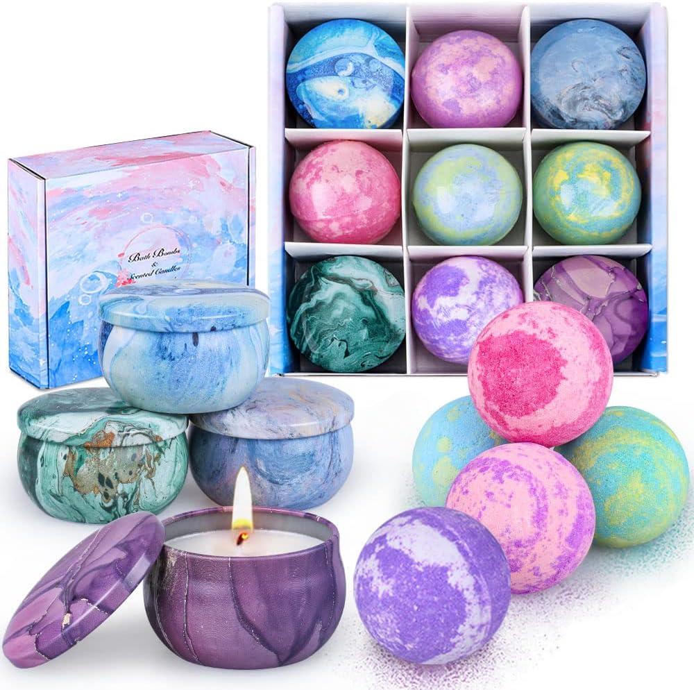Bath Bombs Gift Set - 5 Large Fizzy Spa Bombs with 4 Scented Candles for Women - Moisturizing Bubble Bath with Essential Oils for Valentine's, Birthday Gifts