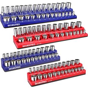 WORKPRO Magnetic Socket Organizer Set, 4-Piece Socket Holder Set Includes 1/4", 3/8" Drive Metric & SAE Socket Trays, Holds 108 Pieces Standard and Deep Size Sockets (Sockets not Included)