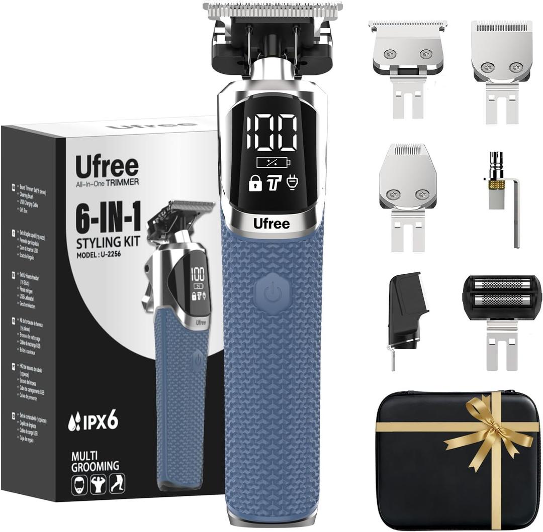 Ufree 6-in-1 Professional Beard Trimmer for Men, IPX6 Waterproof Electric Shaver Razor, Cordless Body Hair Trimmer for Mustache, Nose, Type-C Mens Gooming Kits, Birthday Valentines Gifts for Him