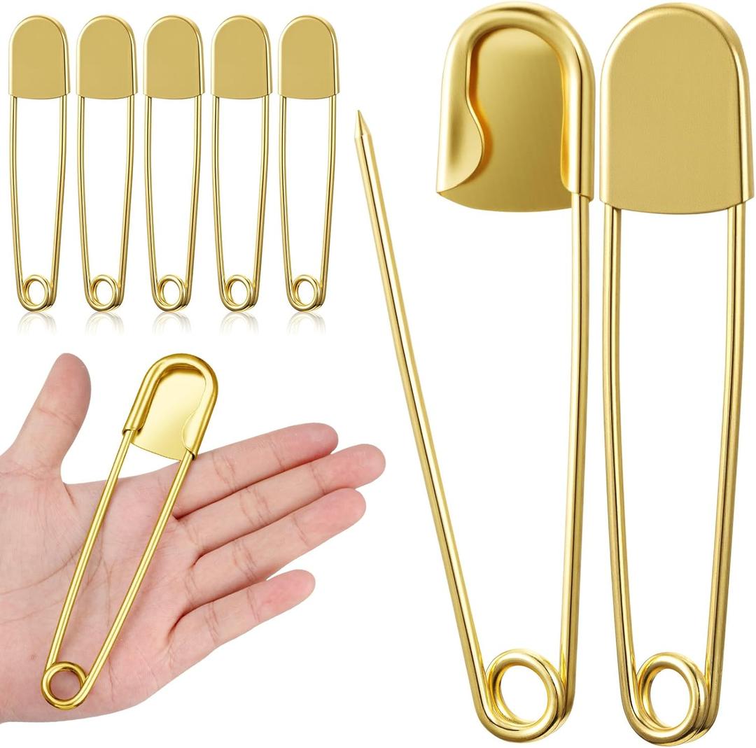 Juexica 5 Pcs Large Safety Pins 5 Inch Jumbo Stainless Steel Safety Pins Heavy Duty Huge for Strong Laundry Upholstery Sewing Quilting Key Rings Craft Outdoor (Gold)