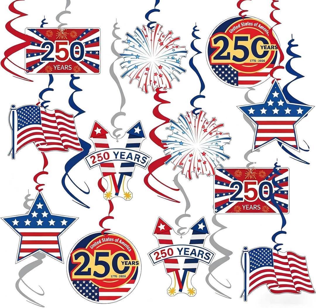12Pcs 4th of July Hanging Ornaments Independence Day Party Supplies 250 Anniversary Star America Flag Design Tree Ornaments Hanging Swirls Set for Fourth of July Decor with Ropes