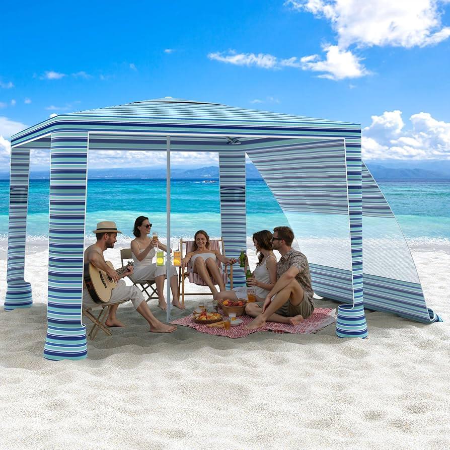 MoKo Beach Cabana, 8'×8' Large Beach Canopy with Side Wall, UPF 50+ Protection Easy Setup Beach Tent Sun Shelter, Adjustable Height Wind Resistant Cabana Beach Tent for Whole Family, Blue-Green Stripe
