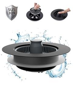 Hibbent Upgraded 3 in 1 Kitchen Sink Drain Strainer and Stopper Combo, Stainless Steel Metal Pop Up Sink Stopper, 3 Anti-Clogging Basket Strainers for US Standard 3-1/2 Inch Drain, Black