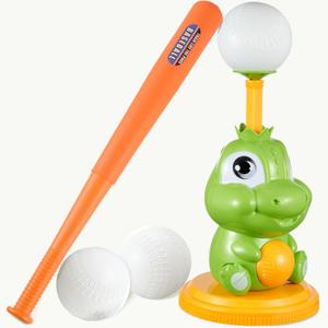 Pop-Up T-Ball Set, Green Dinosaur Tee with Bat and 3 Balls, Indoor Outdoor Baseball Training Toy for Kids Ages 3-8