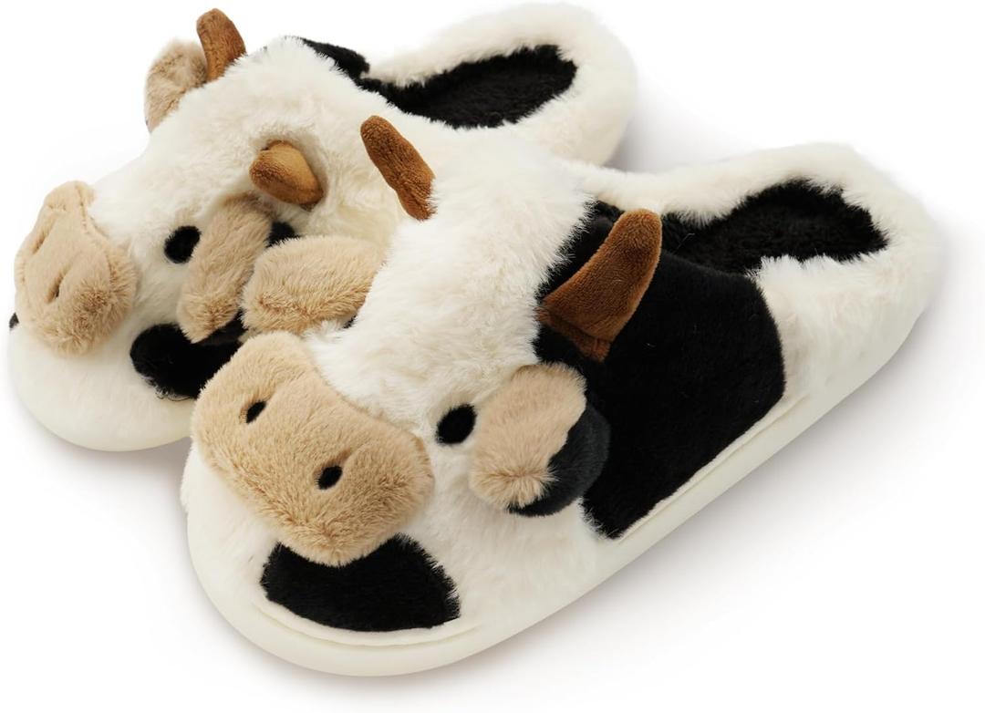 Nackiy Cow Slippers for Women & Men, Cute Animal Fuzzy Slides, Soft Cotton Plush Indoor Outdoor Shoes for Bedroom Living Room House (4-5 Women/3-4 Men)