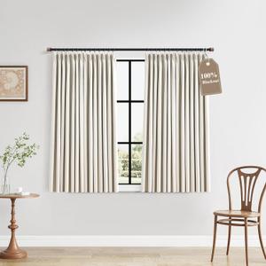 Natural Cream 100% Blackout Pinch Pleated Linen Curtains 48 Inches Long Window Drapes for Small Sliding Doors Dedroom, Textured Thermal Insulated Black Out Back Tab Pleat Curtain Office 2 Panels