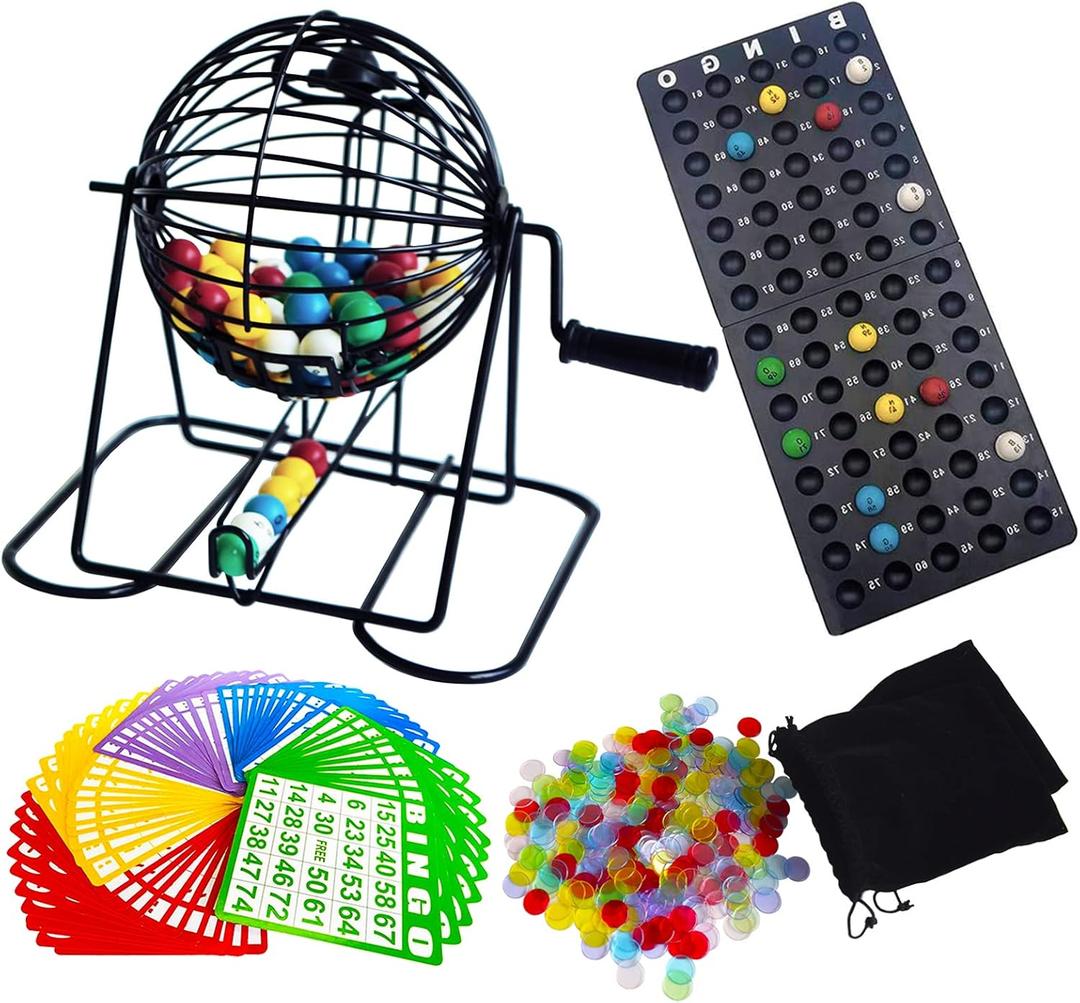Yuanhe Deluxe Bingo Game Set - Metal Round Cage, 75 Colored Balls, 50 Bingo Cards, 300 Mixed Chips and Master Board for Large Groups, Parties