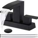 Friho Waterfall Matte Black Bathroom Faucet 3 Hole, 4 Inch 2 Handle Centerset Sink Faucet for Lavatory RV Vanity with Square Spout, Pop up Drain and Water Hoses.
