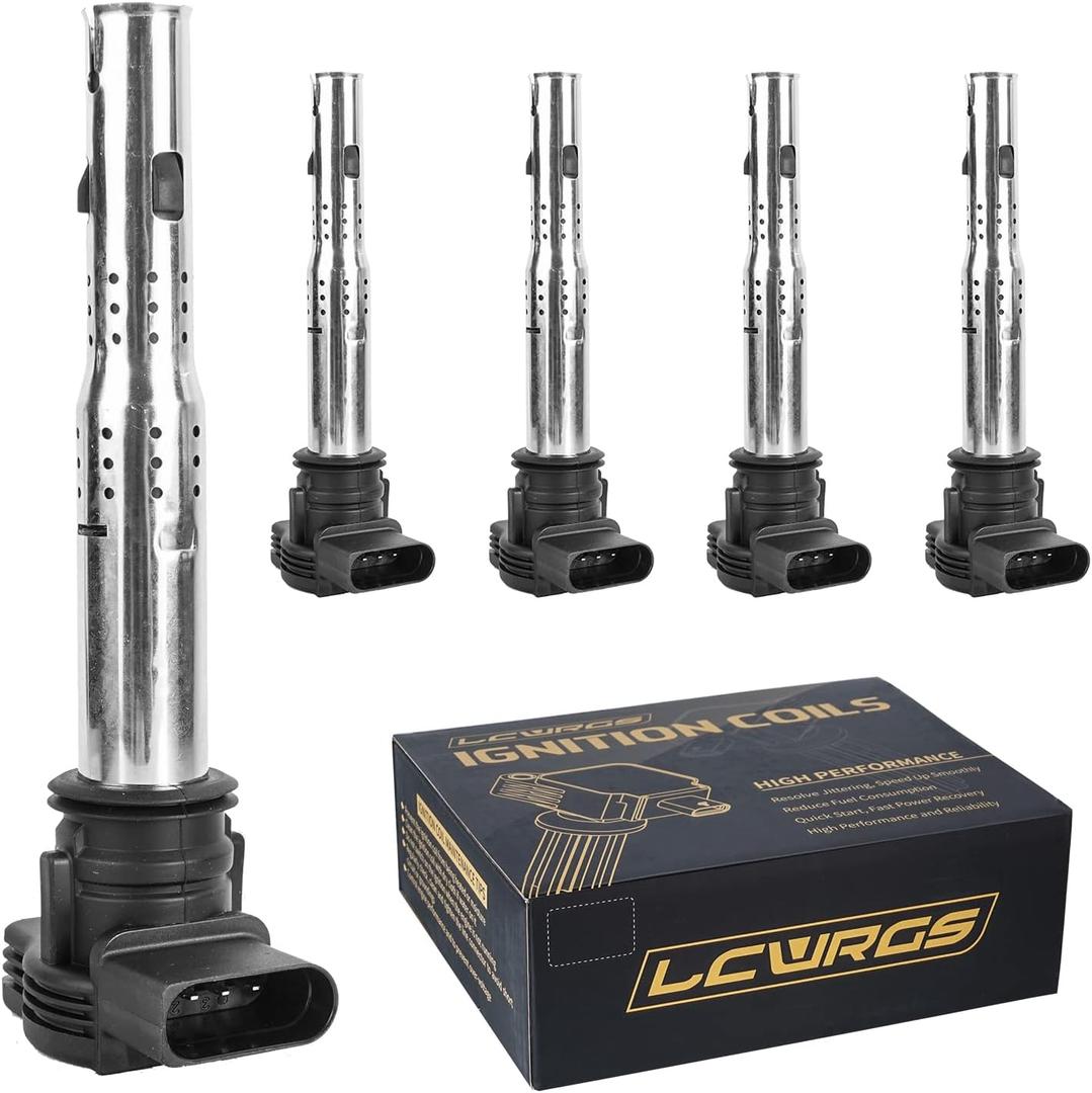 LCWRGS Ignition Coil for L5 2.5 2005 2006 2007 2008 2009 2010 2011 2012 Volkswagen VW Jetta Rabbit Beetle Passat Golf Tiguan GTI Eos CC Coil Pack Replaces UF575 07K905715A, Set of 5
