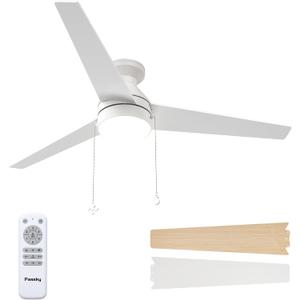 Passky Ceiling Fans with Lights, 52 inch Low Profile Ceiling Fan with Pull Chain and Remote Control, Flush Mount, Reversible, 5CCT, Dimmable, Noiseless, White Pull Cord Ceiling Fan for Bedroom