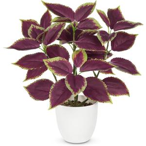 Artificial Plants Indoor 14.2" Small Fake Perilla Plant in Pot Potted Plants Artificial Decor Faux House Plant with White Pot for Farmhouse Home Office Bathroom Living Room Table Shelf Decor (Dark Purple)