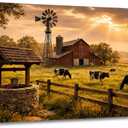 Fochorlo Farmhouse Barn Wall Art 20x36 Inch, Rustic Country Farm Landscape Canvas Print with Windmill and Cows, Vintage Rural Wall Decor for Living Room Kitchen