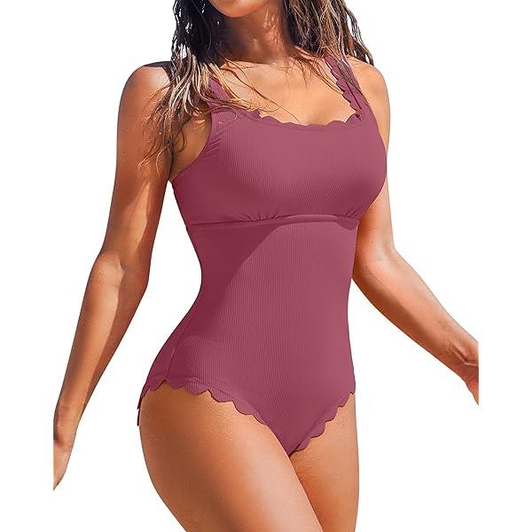 Charmo Womens Scalloped Ribbed One Piece Swimsuits Retro Square Neck Modest Bathing Suits, Size L