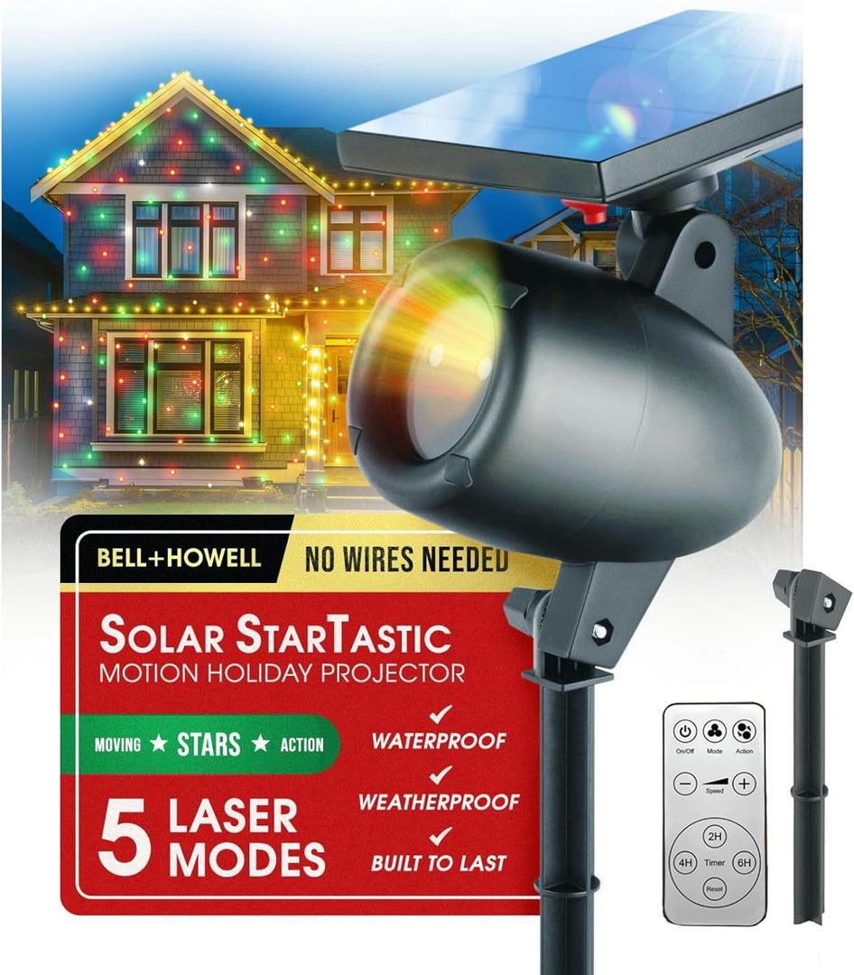 STARTASTIC Solar Wireless Christmas Lights Show Projector, LED Solar Outdoor Christmas Decorations Without Wires for Easy Installation, Auto-On, Remote Control, Waterproof, 5 Modes, for House, Party