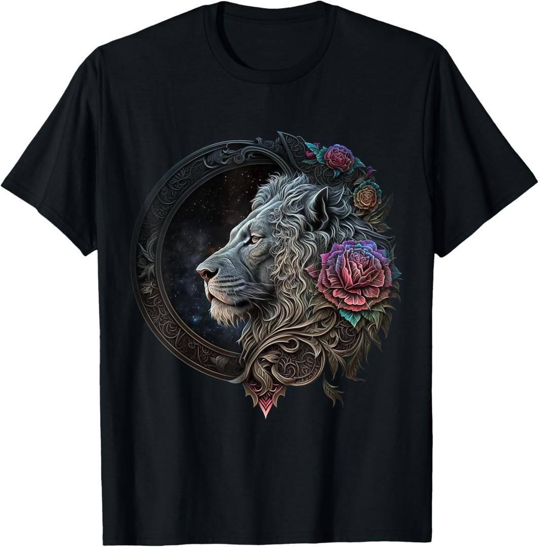 Lion Mandala Flowers Art Space Animal Zoo Lion T-Shirt (Small, Black)