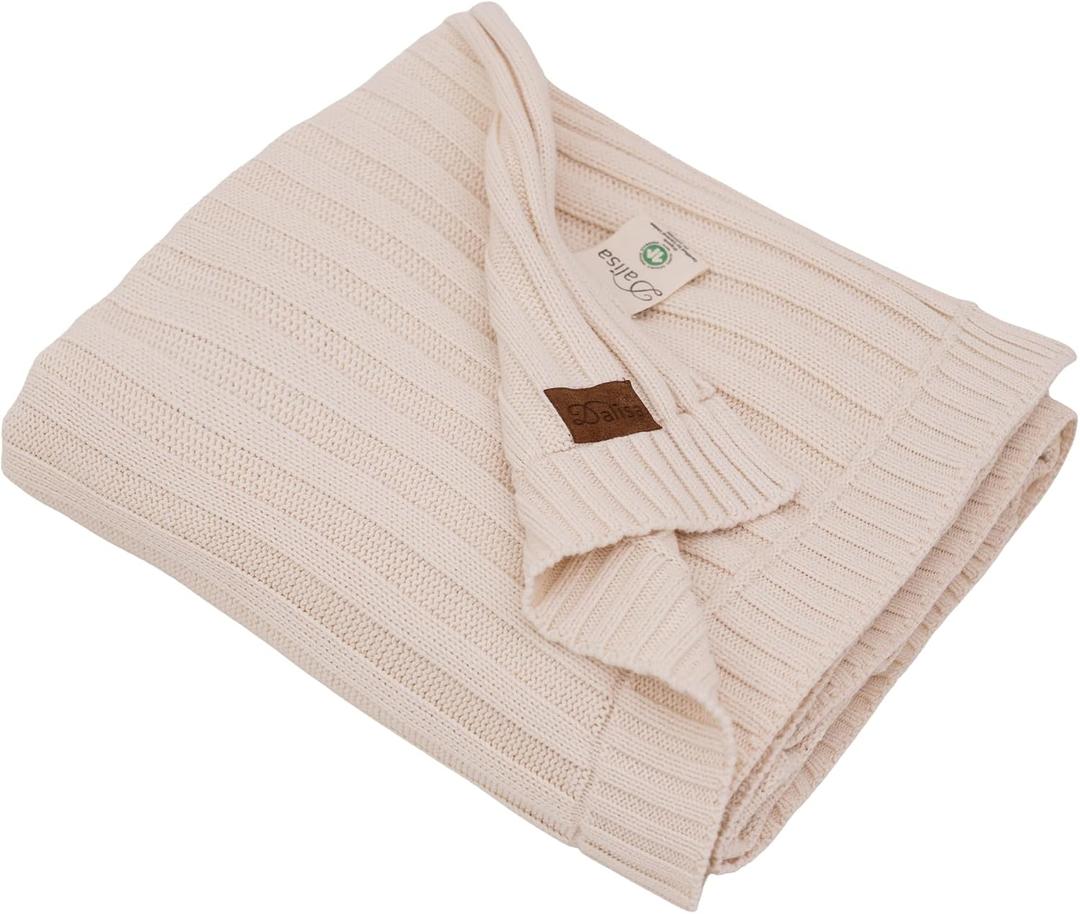 100% Organic Cotton Knit Blanket Denise 80x90 Inches Earth Ivory -Soft and Lightweight, Breathable All-Season Throw for Bed, Sofa, or Lounge Area - GOTS Certified-Perfect for Home and Bedroom Styling