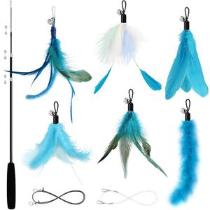 SONGWAY Cat Wand Toys for Indoor Cats - Cat Toy Set with Retractable Teaser Wand and 6 PCS Fairy Feather Toy Refills, Dragonfly Tassel Plush Cat Toys Interactive, Blue
