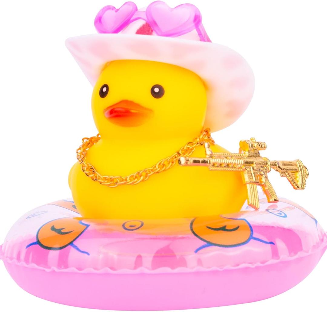 4 x Car Rubber Duck Dashboard Decoration Mini Yellow Duck Car Ornament Accessories with Mini Cowboy Hat Swim Tube Necklace and Colorful Sunglasses for Car Dashboard(Love Glasses-Pink Dot)