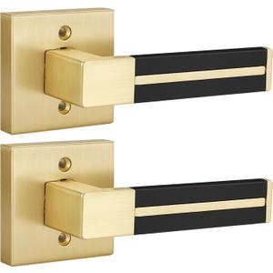 Gold Dummy Door Handles with Brown Leather 2 Pack, Half Dummy No Lock Function Without Latch or Key, Pull or Push Function for Pantry or French Doors