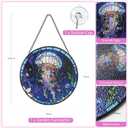 Stained Glass Window Hanging, Blue Jellyfish Circular Sun Catcher Ornament with Chain & Suction Cup, Suncatcher for Garden Door Home Decor, Birthday Gifts for Women Men Mom 7.8 in