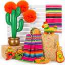Roowest 18 Pcs Fiesta Mexican Party Decor Set Table Runners Hay Bale Boxes Inflatable Cactus Paper Flowers Cards Taco Birthday Day of the Dead Supplies
