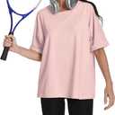 Womens Oversized T Shirts Crewneck Rolled Short Sleeve Tops Summer Casual Basic Workout Tee Shirts (Pink, L)