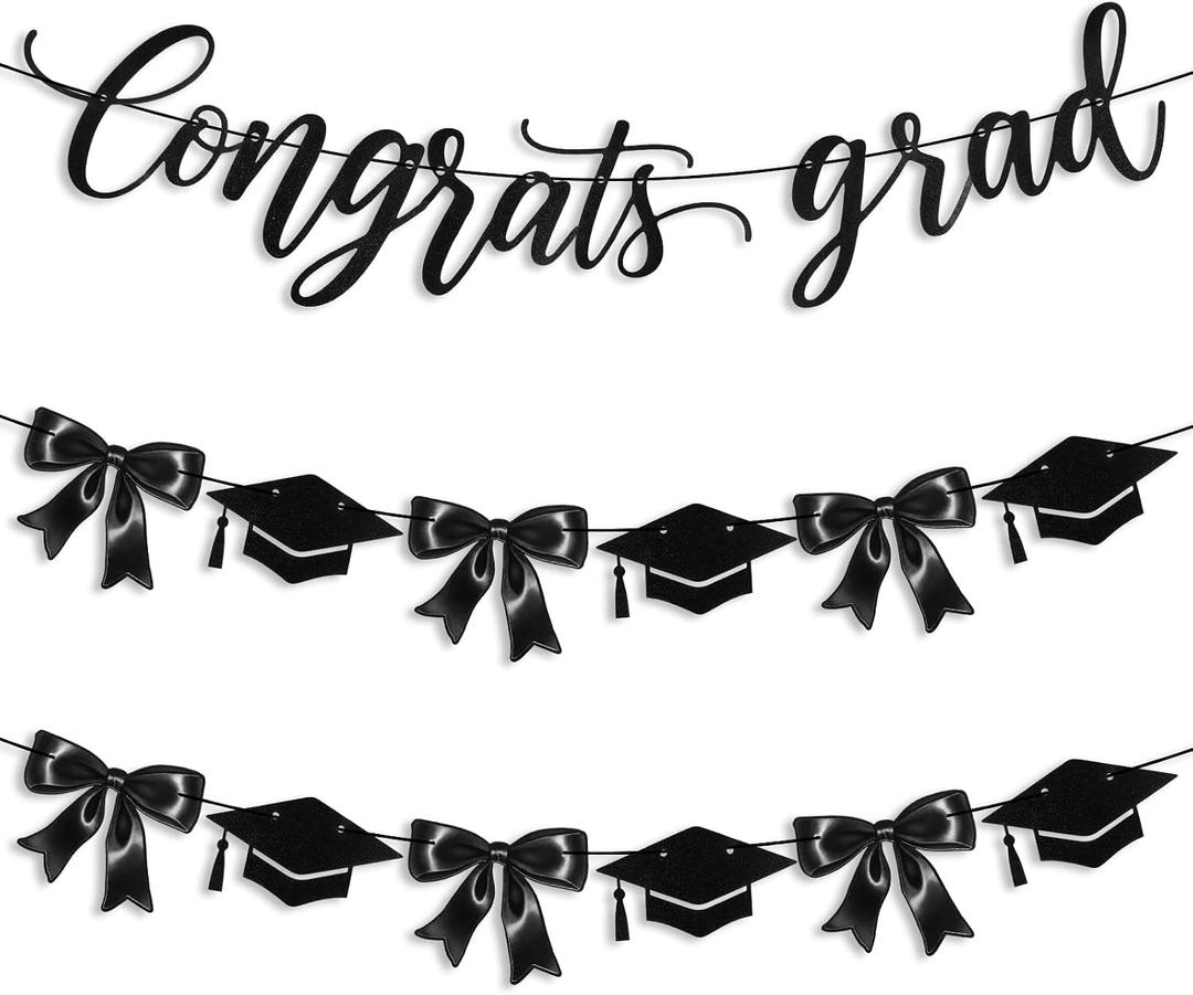 Black Bow Graduation Party Decorations 3 Pcs End of Year Congrats Grad Banner Garland Set, 2026 Graduation Backdrop for High School College Congrats Grad End of Year Party Supplies