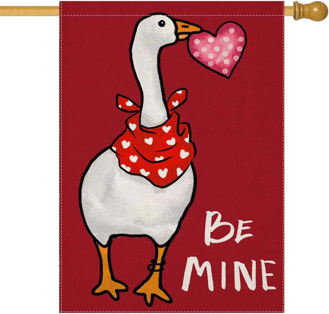 Valentines Day House Flags for Outdoor Decoration, BE MINE Funny Goose with Love Heart Large Yard Flag, Seasonal Decorative Decor for Holiday Anniversary Wedding Outside 28x40 Inch Double Sided
