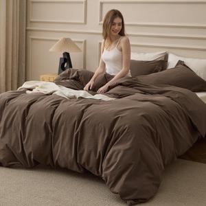 Bedsure 100% Washed Cotton Duvet Cover King Size - Brown Minimalist Bedding Set Linen Like - PureWoven Plain Simple & Soft Comforter Cover for All Seasons (Brown, King, 104"x90")