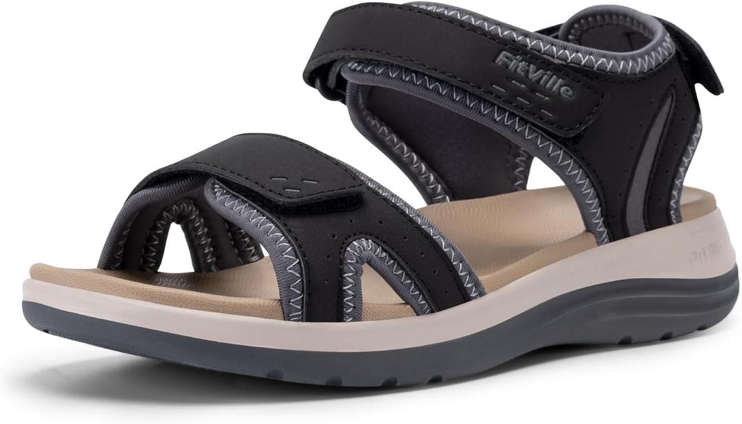 FitVille Women's Orthopedic Wide Sandals Strappy Arch Support Flat Sandals for Plantar Fasciitis & Swollen Feet | Adjustable Ankle Strap