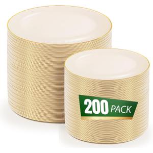 bUCLA 200PCS Ivory Plastic Plates with Gold Rim - Heavy Duty Cream Disposable Include 100 Dinner 10 inch & 100 Dessert 7 inch Plates, Ideal for Party & Wedding