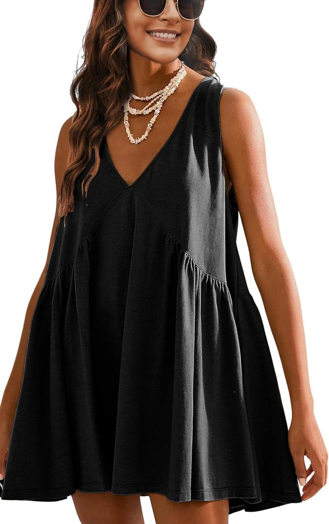 Athlisan Womens Summer Sleeveless Mini Dress Casual Loose V Neck Sundress with Pockets (Small, Black)
